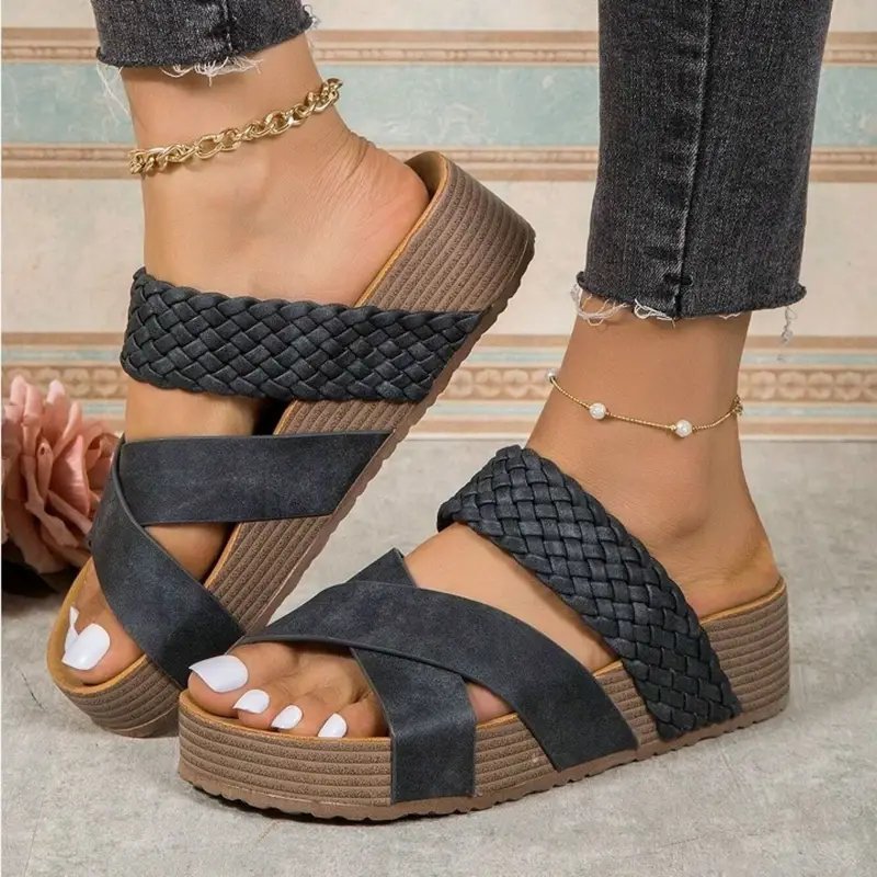 Mid Heel Braided Sandals - Elegant Open Toe Slippers