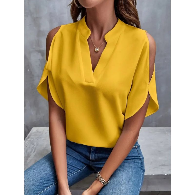 V-Neck Blouse - Micro Elasticity, Notched Collar, Hollow Cut-Out Shoulder Detail, Solid Color, Woven Polyester Top