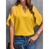 V-Neck Blouse - Micro Elasticity, Notched Collar, Hollow Cut-Out Shoulder Detail, Solid Color, Woven Polyester Top