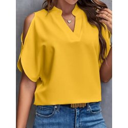 V-Neck Blouse - Micro Elasticity, Notched Collar, Hollow Cut-Out Shoulder Detail, Solid Color, Woven Polyester Top