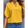 V-Neck Blouse - Micro Elasticity, Notched Collar, Hollow Cut-Out Shoulder Detail, Solid Color, Woven Polyester Top