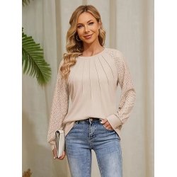 Long Sleeve Waffle Knit Crew Neck Lace Work Shirt for Women