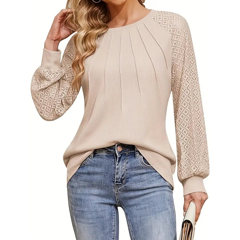 Long Sleeve Waffle Knit Crew Neck Lace Work Shirt for Women