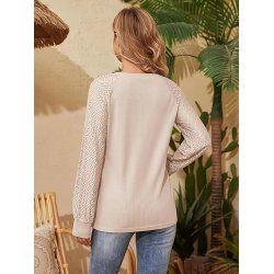 Long Sleeve Waffle Knit Crew Neck Lace Work Shirt for Women