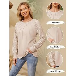 Long Sleeve Waffle Knit Crew Neck Lace Work Shirt for Women