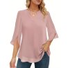 V-Neck Chiffon Blouse - 3/4 Split Sleeve, Casual Loose Fit