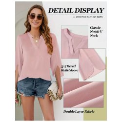 V-Neck Chiffon Blouse - 3/4 Split Sleeve, Casual Loose Fit